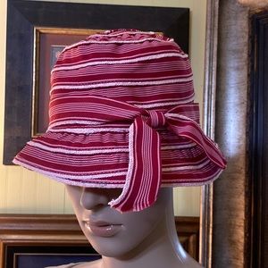 Goorin Bros Striped Cloche Style Bucket Hat with Bow. Red, Pink & White Stripes.